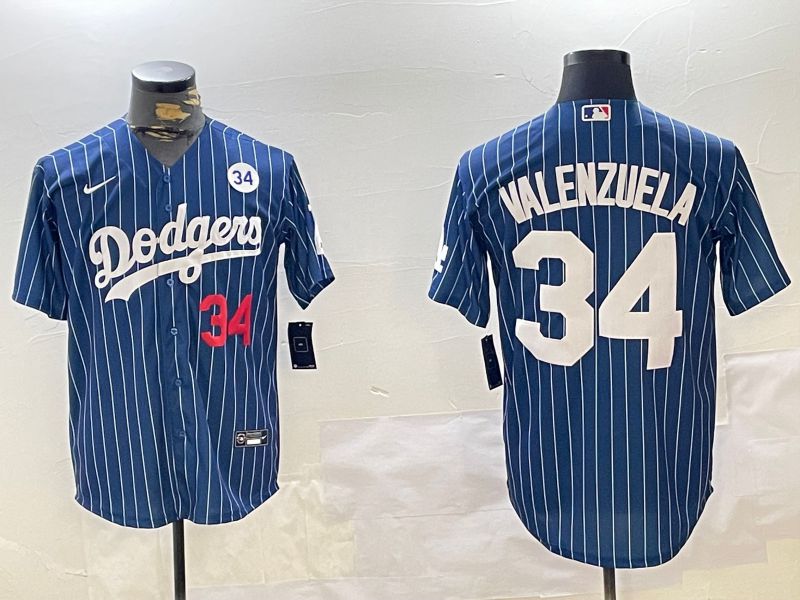 Men Los Angeles Dodgers 34 Valenzuela Blue Stripe Game 2024 Nike MLB Jersey style 11205